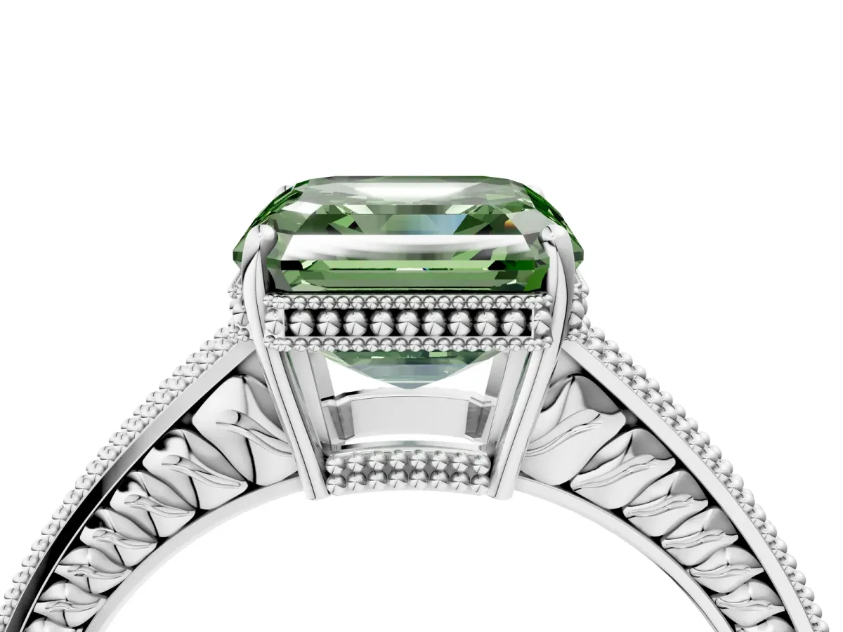 Fancy Green Asscher Cut Cut Diamond Milgrain Pave Band Four-Prong Setting Ring Platinum