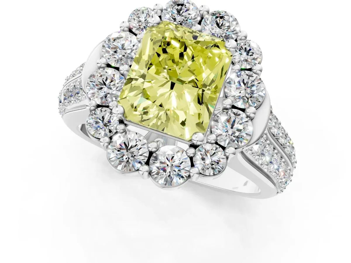 Fancy Yellow Radiant Cut Halo Diamond Engagement Ring with Split Shank and Prong Setting Platinum
