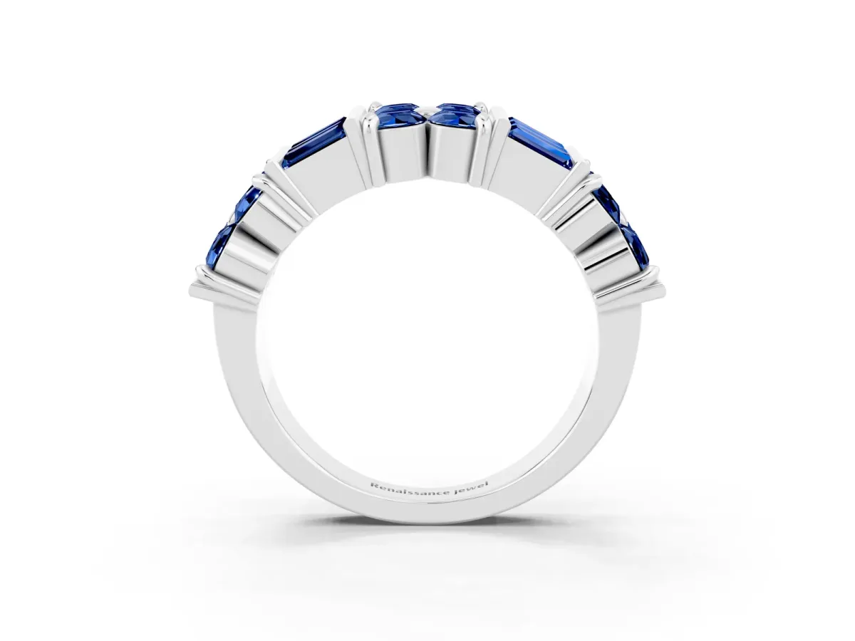 Channel Set Round and Baguette Blue Sapphire Anniversary Band with Prong Setting Silver