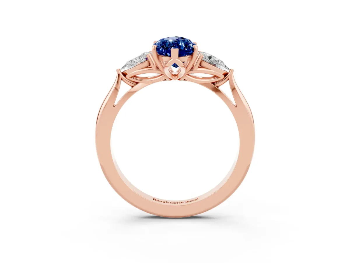 Marquise Cut Blue Sapphire Three-Stone Ring with Pear Side Stones and Prong Setting Rose gold