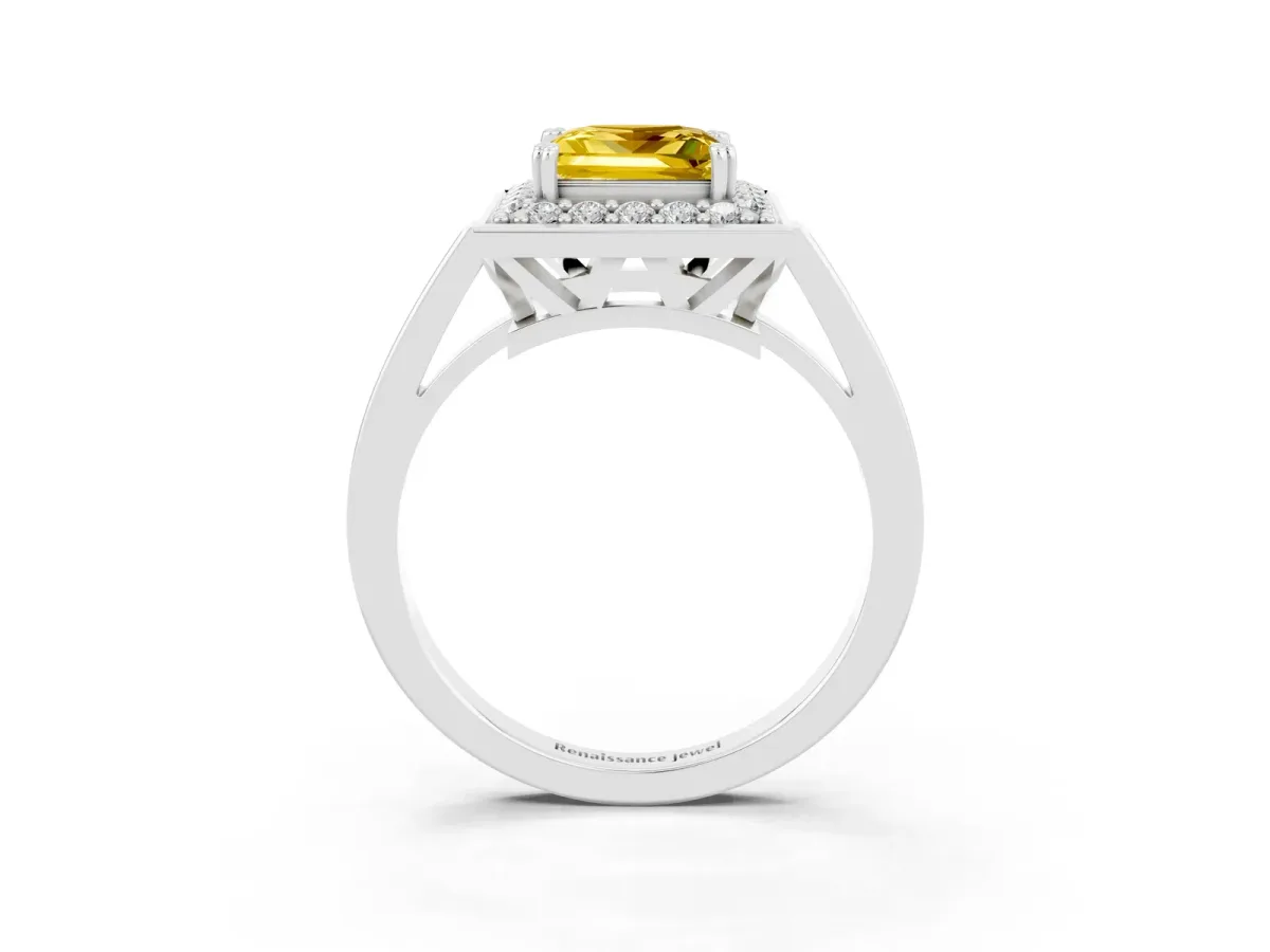 Princess Cut Yellow Sapphire Halo Ring with Split Shank and Four-Prong Setting Platinum
