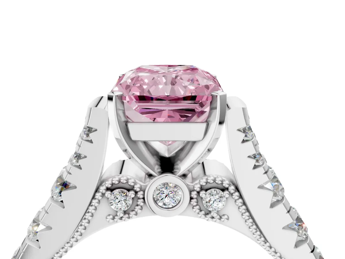 Fancy Pink Radiant Cut Diamond Classic Solitaire Ring with Pavé Band and Four-Prong Setting Silver