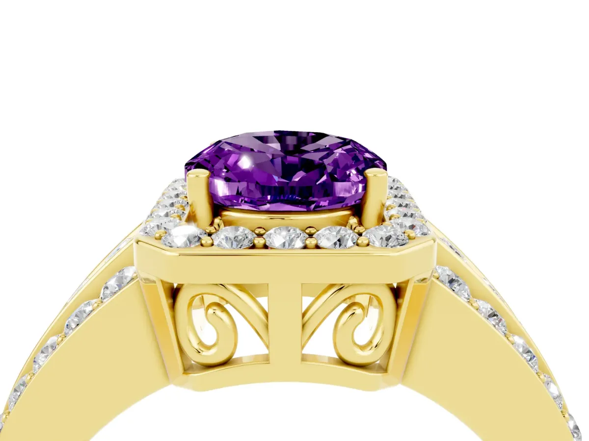 Oval Cut Halo Amethyst Ring with Round Split Shank and Prong Setting Yellow gold