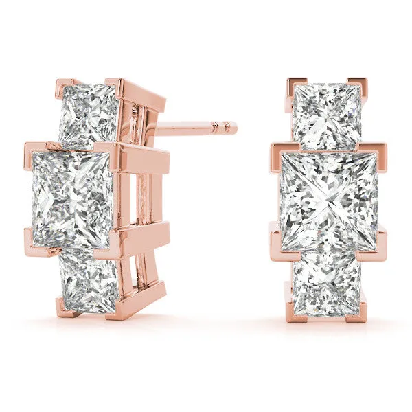 Three-Stone Princess Cut Channel Set Earrings with Bar Prong Setting Rose gold