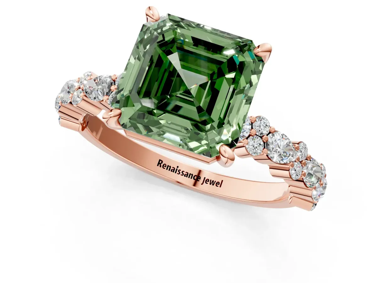 Fancy Green Asscher Cut Diamond Side Stone Solitaire Ring with Round and Four-Prong Setting Rose gold