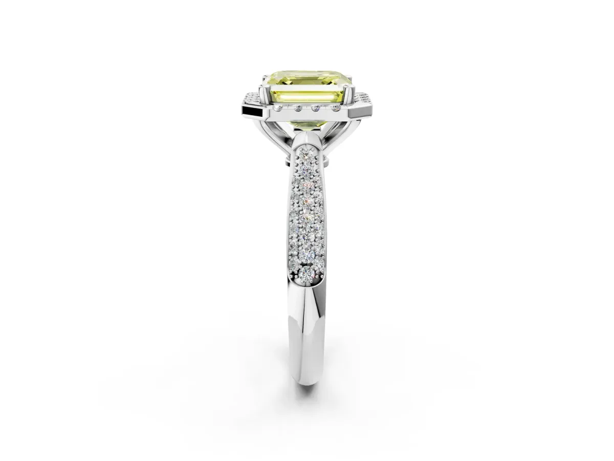 Fancy Yellow Asscher Cut Cut Halo Pave Band Four-Prong Setting Ring Platinum