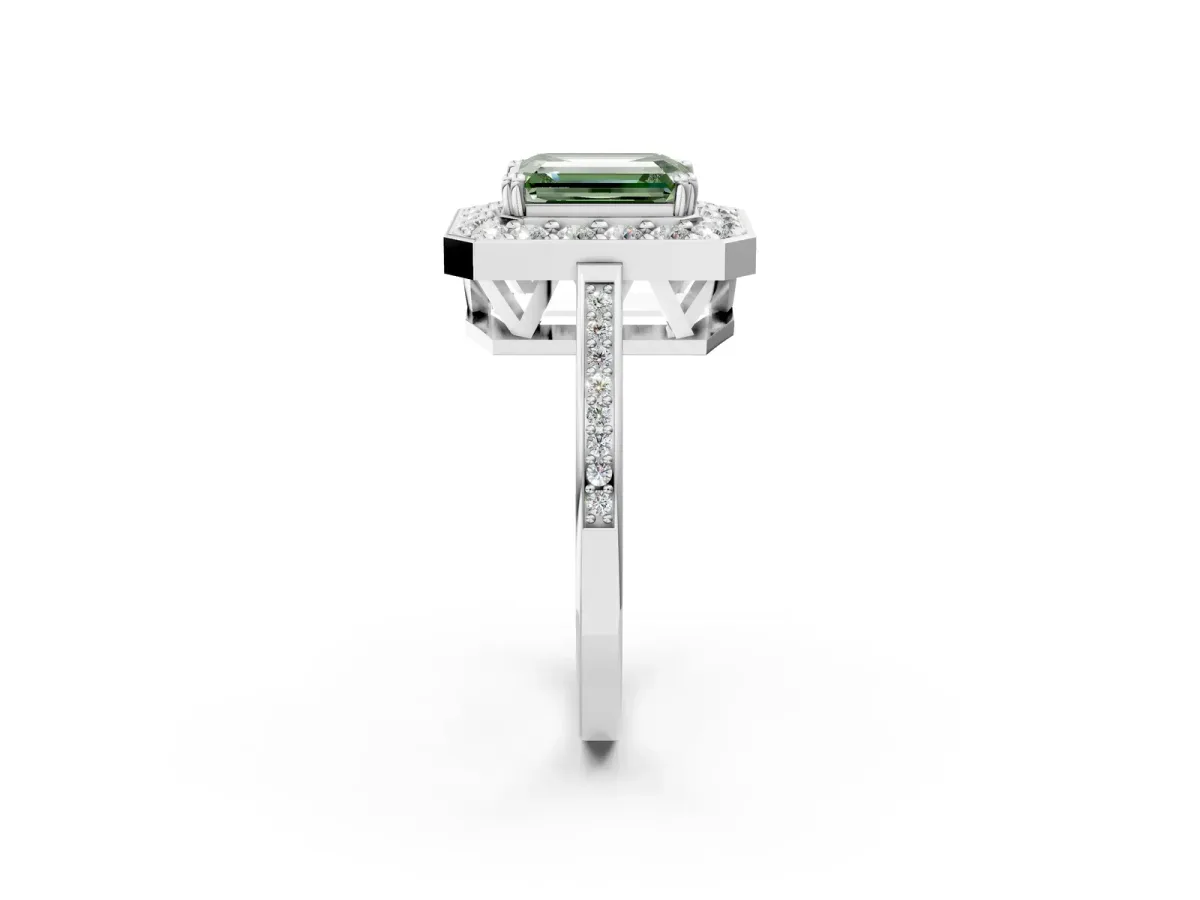 Fancy Green Emerald Cut Diamond Halo Ring with Split Shank and Four-Prong Setting White gold