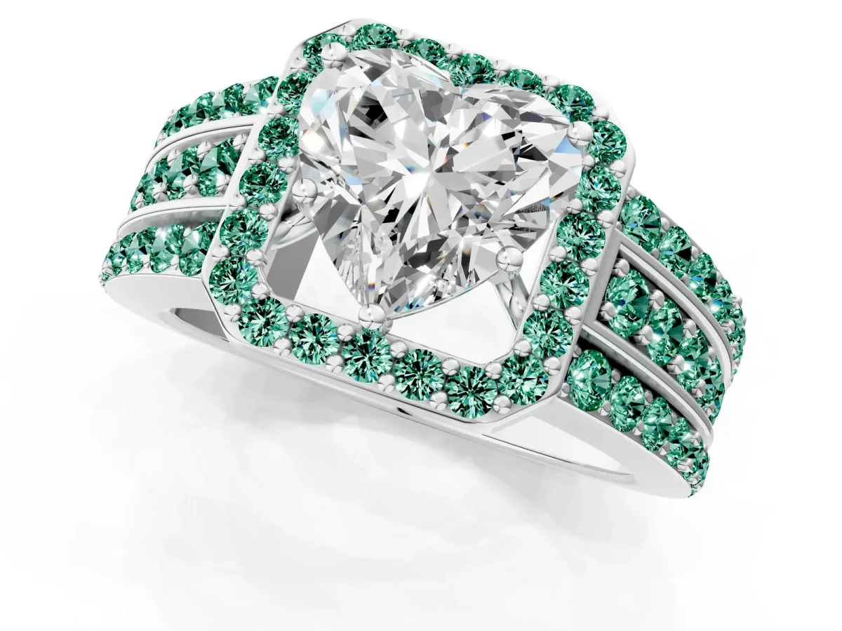 Heart Cut Halo Diamond Ring with Round Green Sapphire Split Shank and Prong Setting Silver