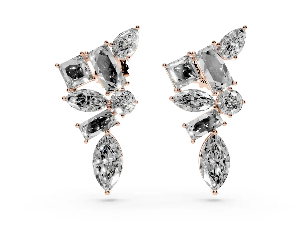 Princess, Baguette, Marquise, Pear and Round Diamond Cluster Stud Earrings Rose gold