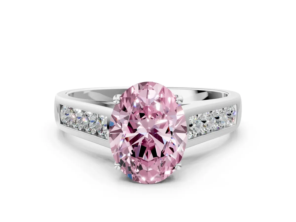 Fancy Pink Oval Cut Brilliant Channel-Set Solitaire Ring with Four-Prong Setting White gold