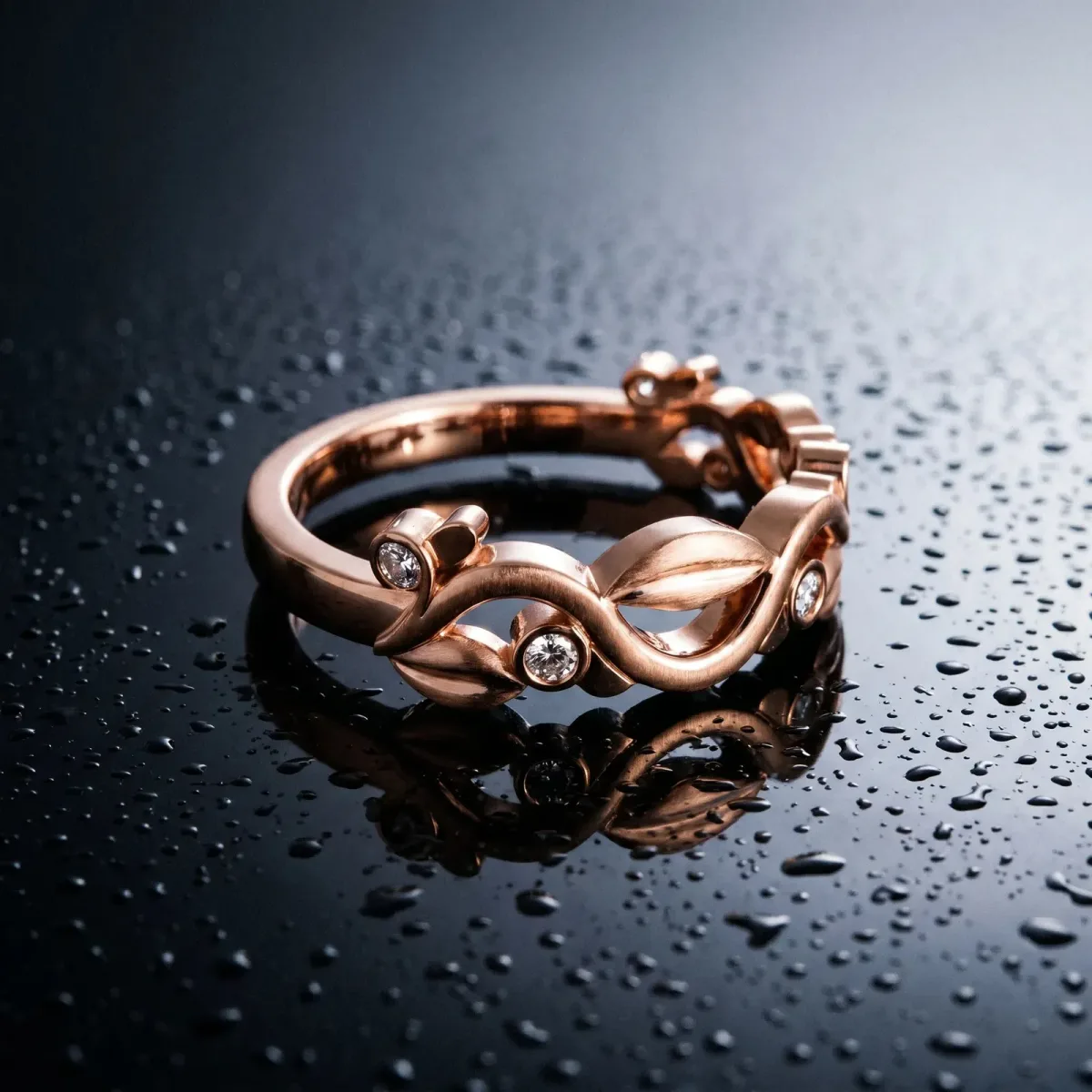 Round Diamond Leaf Eternity Band with Bezel Setting Rose gold