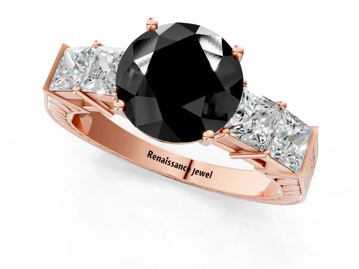 Fancy Black Round Cut Solitaire Princess Side Stone Engraved Band Prong Setting Ring Rose gold