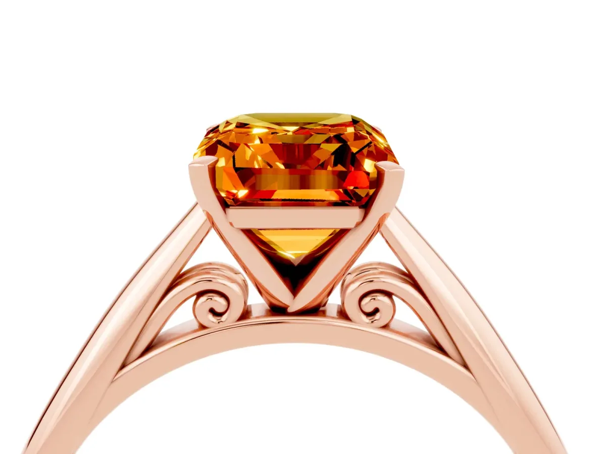 Emerald Cut Citrine Solitaire Engagement Ring with Cathedral Setting and Four-Prong Mount Rose gold