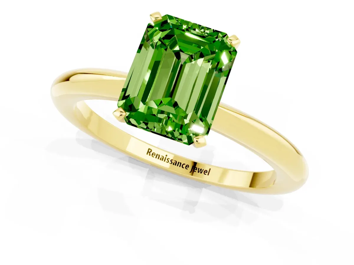 Emerald Cut Peridot Solitaire Ring with Six-Prong Setting and Classic Band Yellow gold