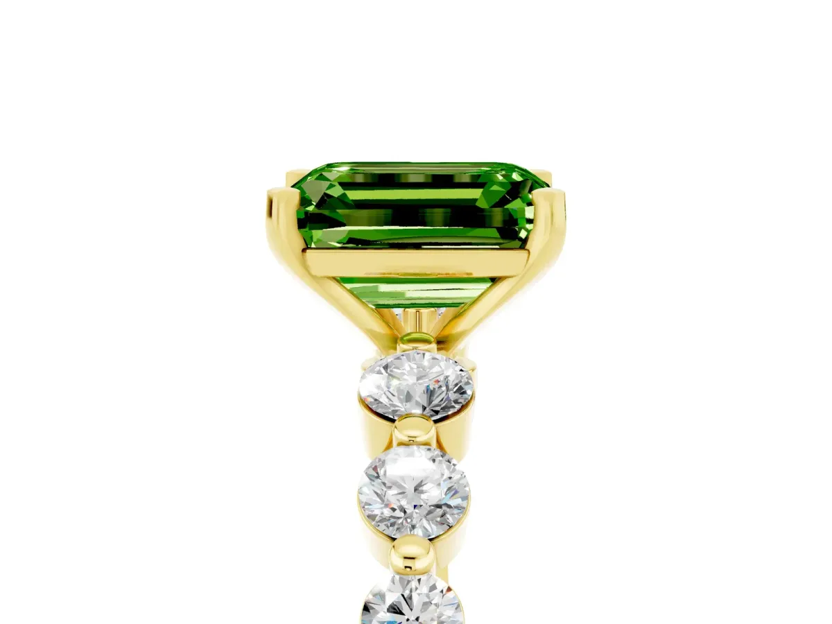 Emerald Cut Solitaire Peridot Ring with Pave Band and Four-Prong Setting Yellow gold