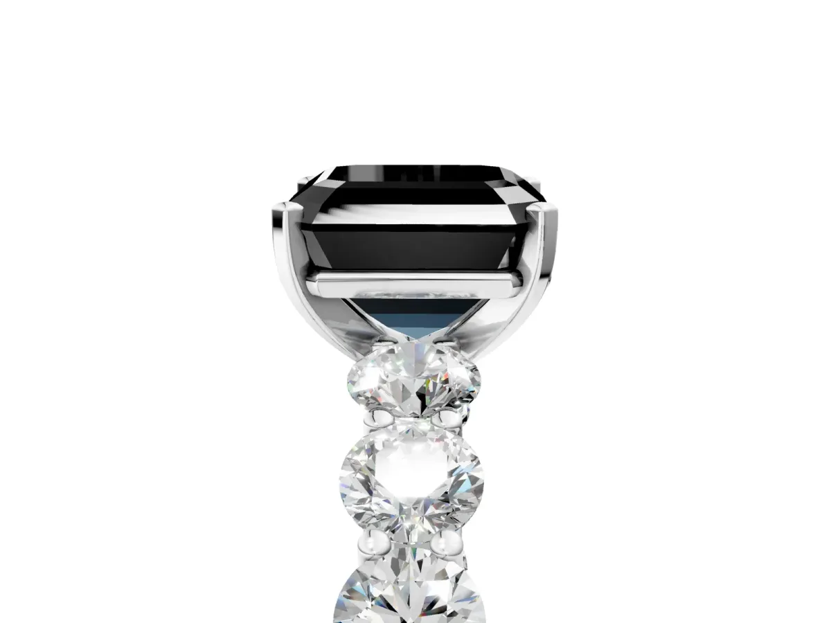 Fancy Black Asscher Cut Diamond Prong Setting with Side Stones on a Pave Band Silver
