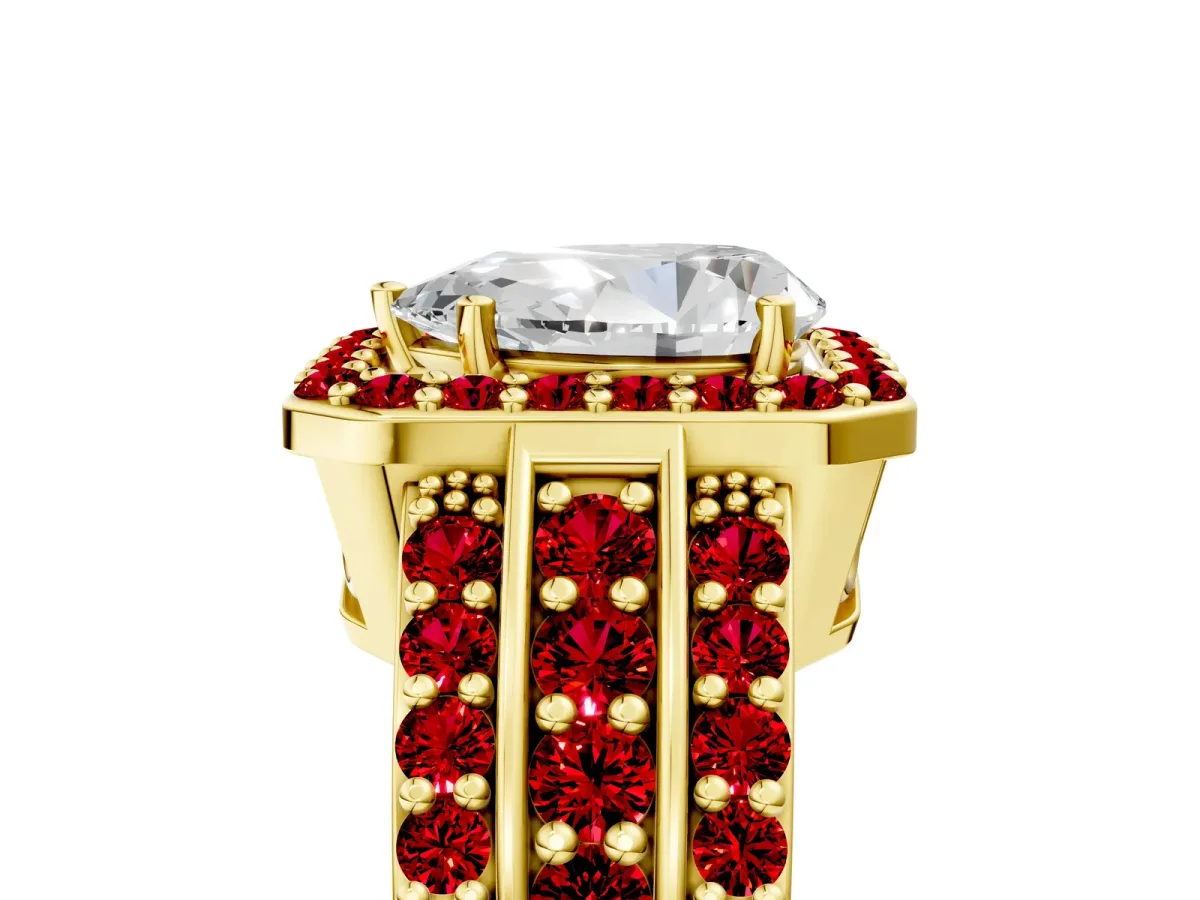 Pear Cut Halo Diamond Ring with Round Ruby Split Shank and Prong Setting Yellow gold