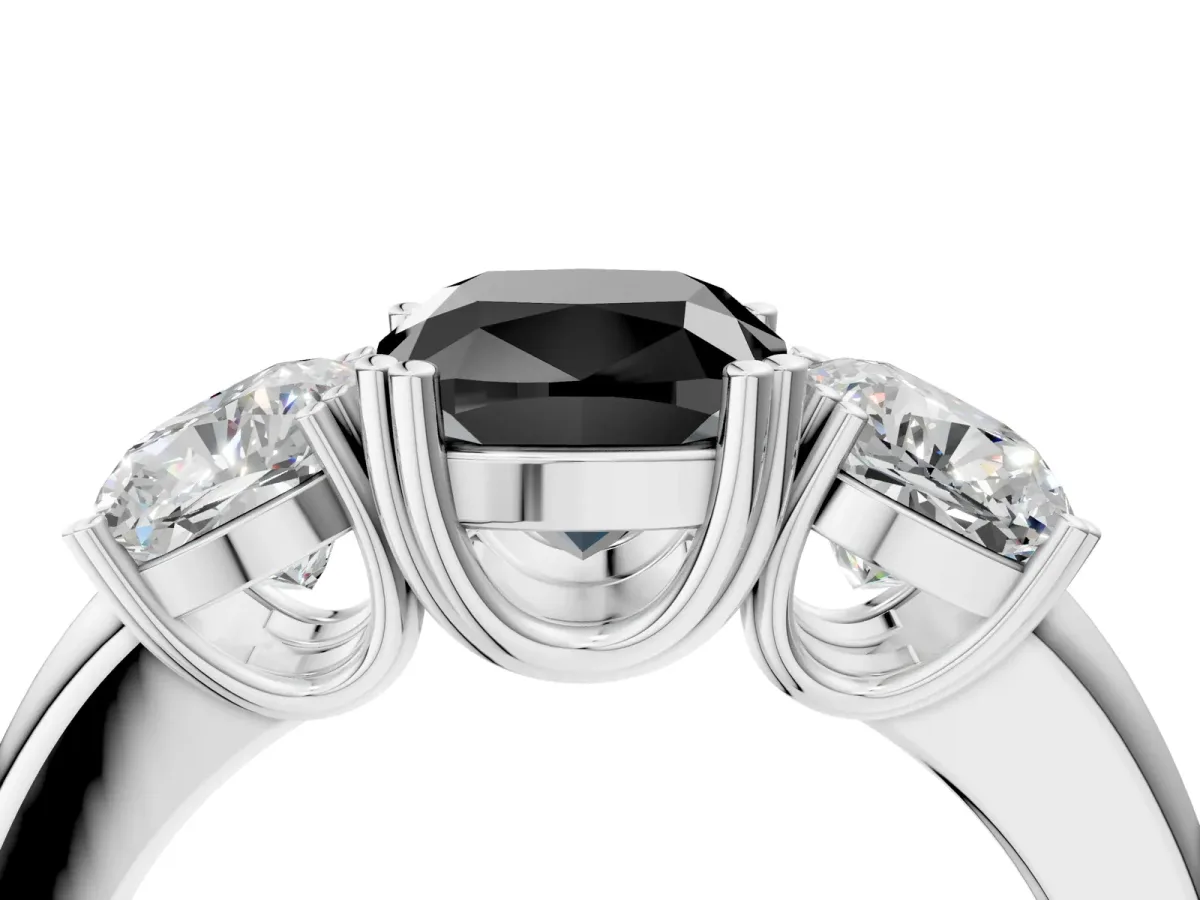 Fancy Black Three-Stone Cushion Cut Cut Diamond Ring with Channel Set Band and Four-Prong Setting Silver