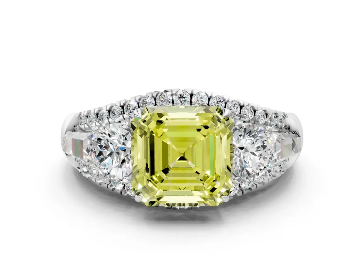 Fancy Yellow Three-Stone Asscher Cut Diamond Engagement Ring with Pave Band and Prong Setting Platinum