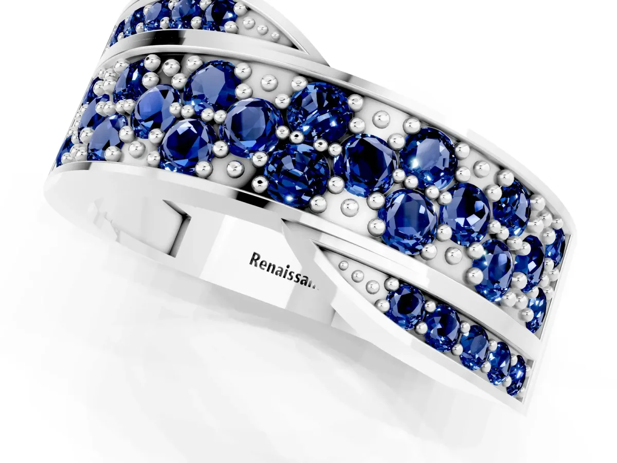 Pavé Round Blue Sapphire Crossover Band with Bead Prong Setting White gold