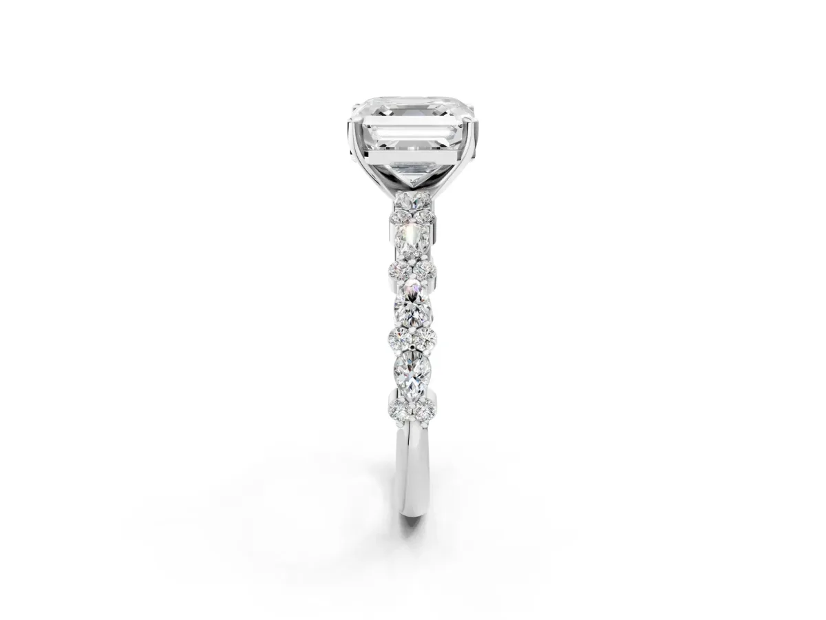 Asscher Cut Diamond Side Stone Solitaire Ring with Round and Four-Prong Setting Silver