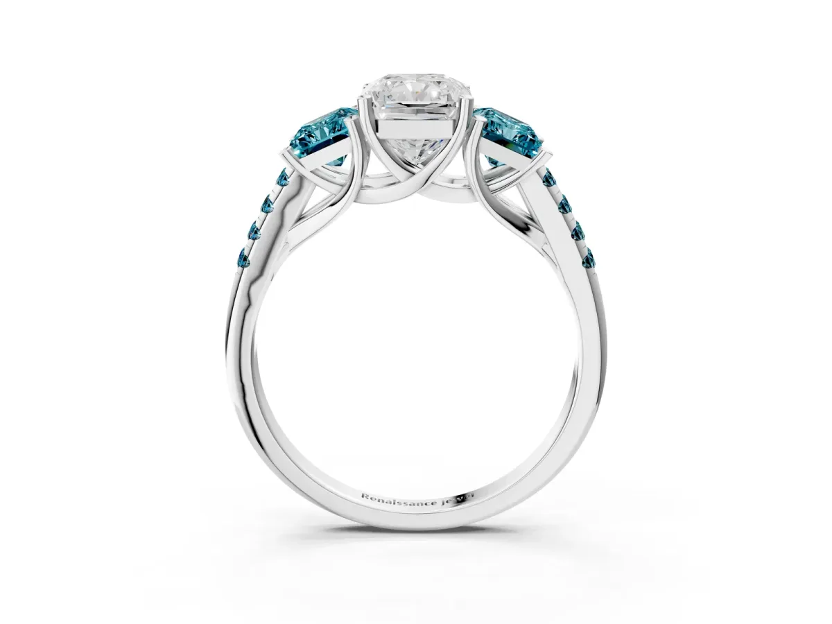 Three-Stone Radiant Cut Diamond Ring with Round Blue Topaz Pavé Band and Prong Setting Silver