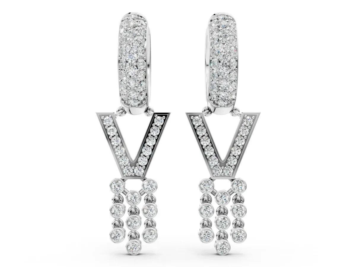 Round Diamond Initial V Huggie Hoop Earrings Platinum