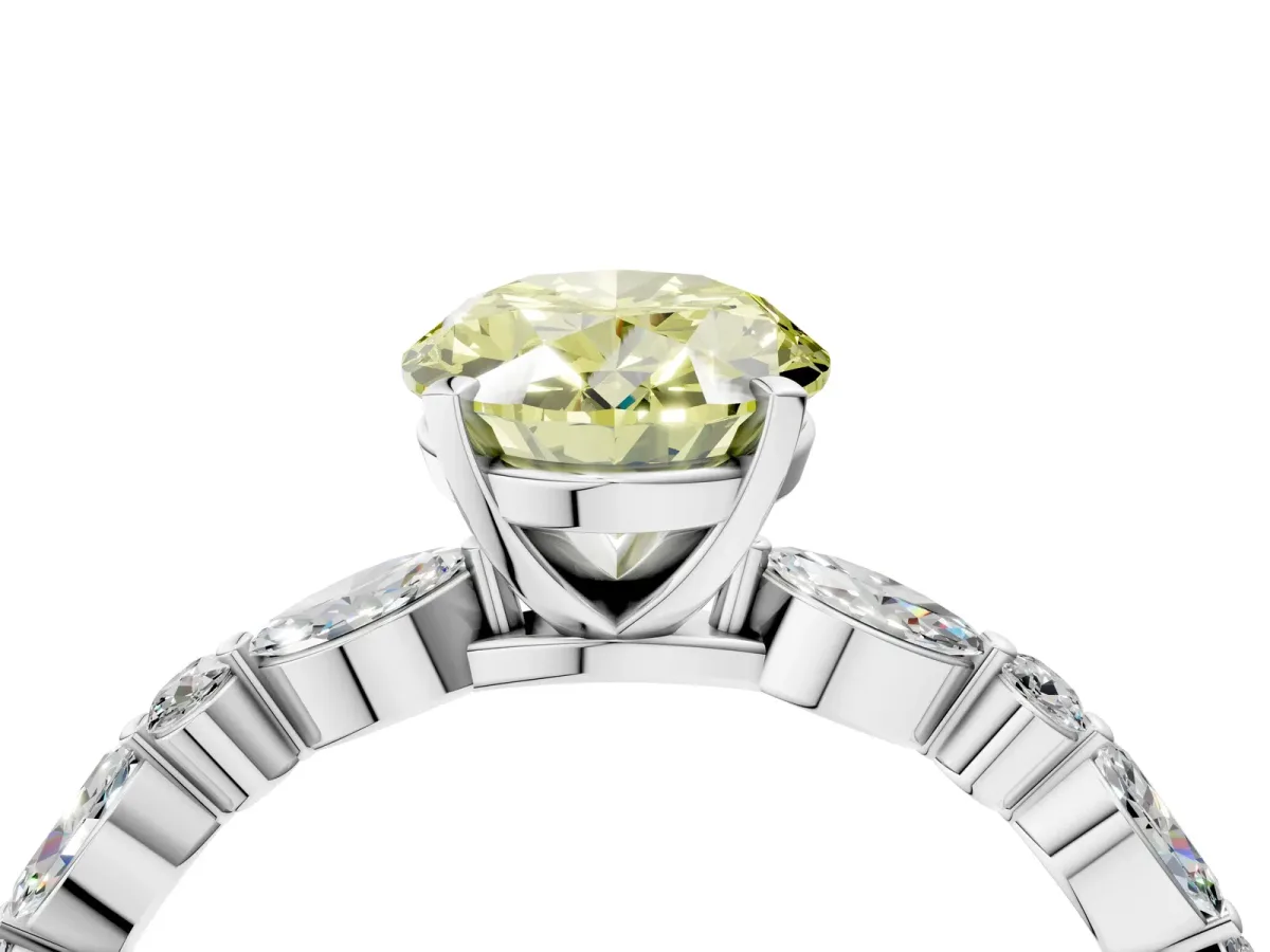 Fancy Yellow Oval Cut Diamond Ring with Marquise and Round Side Stones and Four-Prong Setting Silver