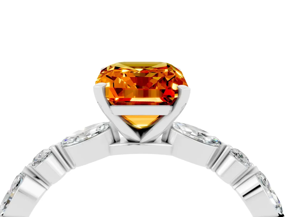 Emerald Cut Citrine Ring with Marquise and Round Side Stones and Four-Prong Setting Silver