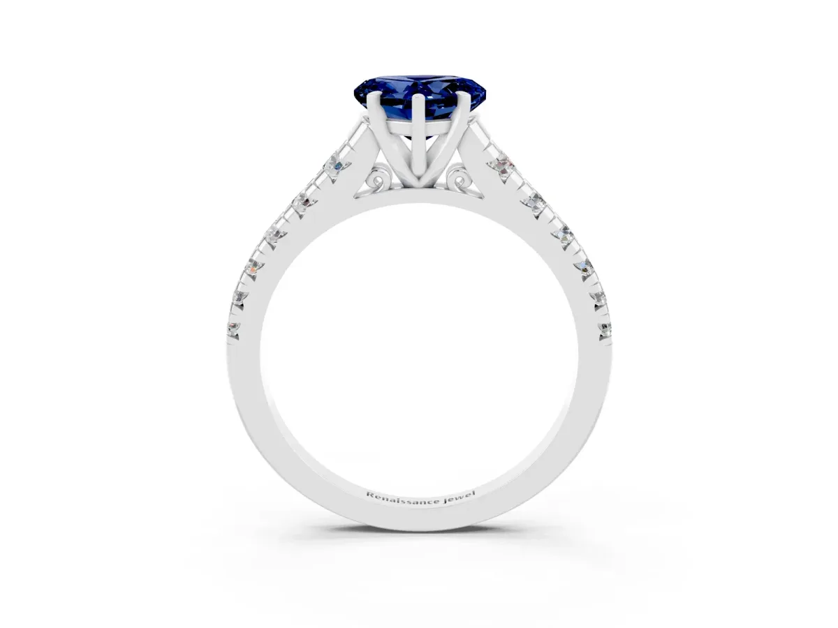 Heart Cut Blue Sapphire Cathedral Solitaire Ring with Round Pavé Band Silver