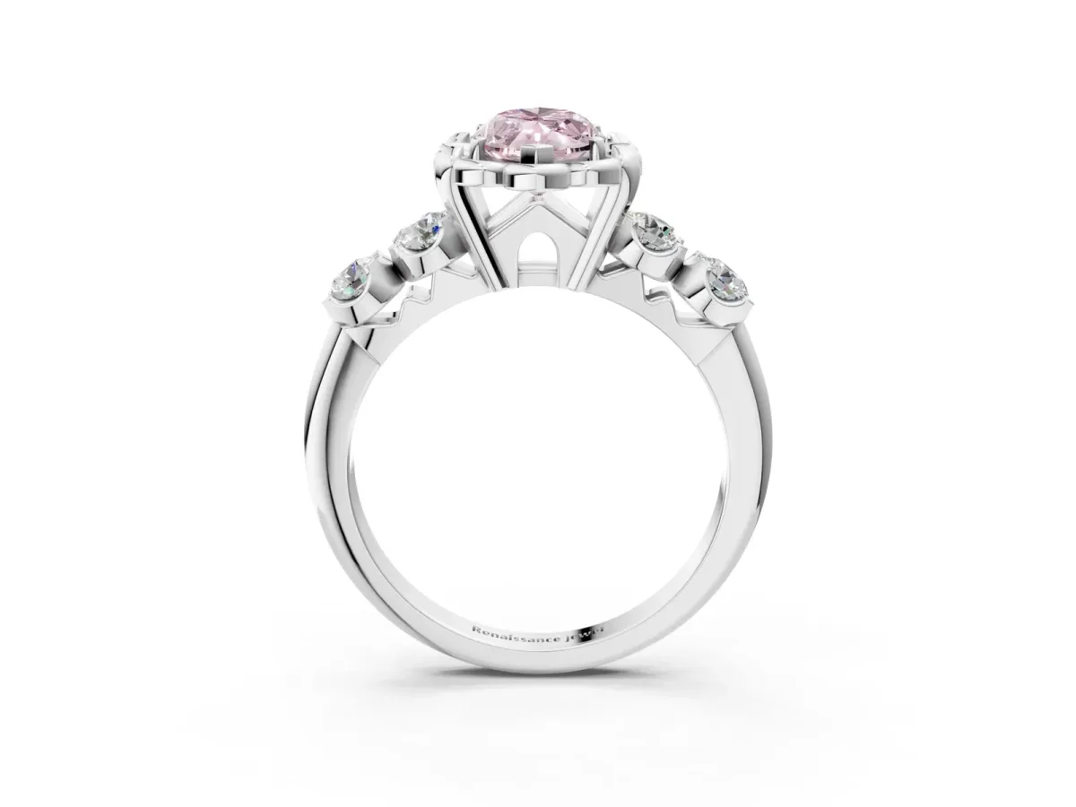 Fancy Pink Marquise Cut Cut Diamond Floral Halo Engagement Ring with Shared Prong Setting Silver