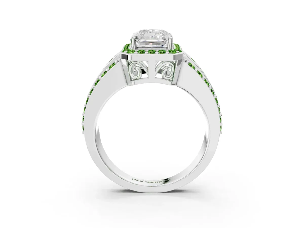 Radiant Cut Halo Diamond Ring with Round Peridot Split Shank and Prong Setting Silver