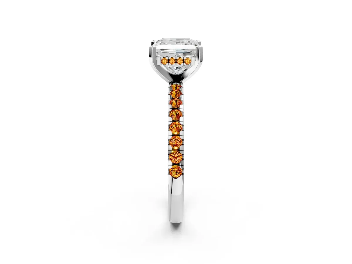 Princess Cut Diamond Solitaire Ring with Round Citrine Pavé Band and Four-Prong Setting Silver