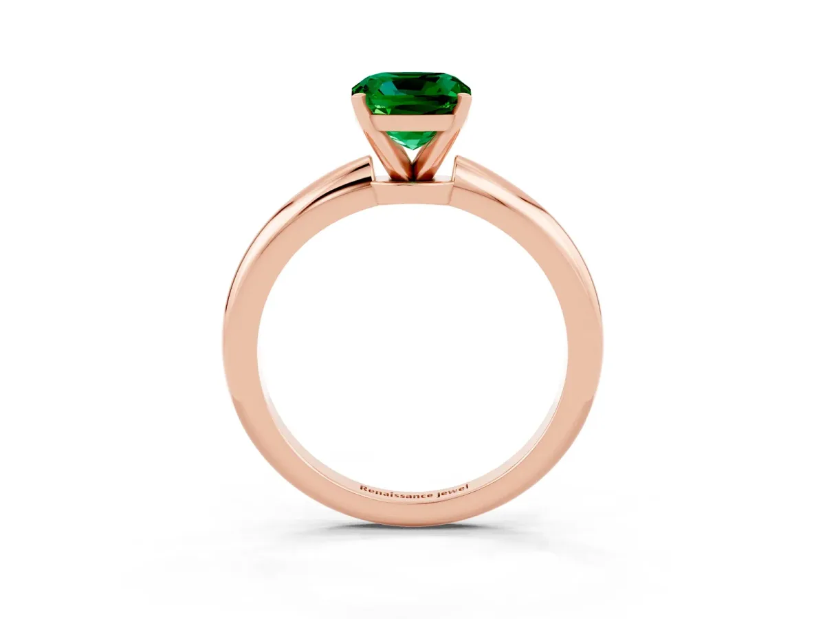 Cushion Cut Emerald Solitaire Ring with Six-Prong Setting and Classic Band Rose gold