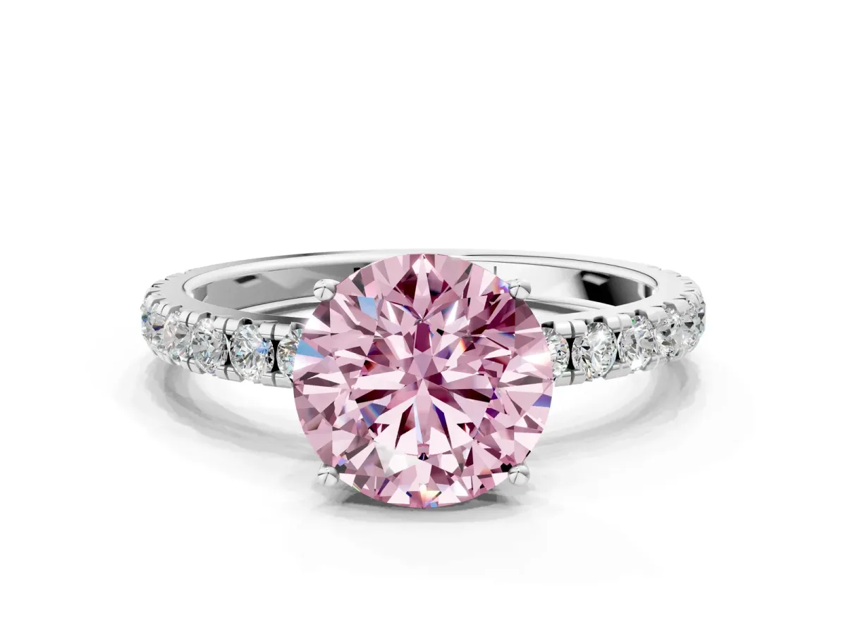 Fancy Pink Round Cut Diamond Pavé Solitaire Engagement Ring with Four-Prong Setting Silver