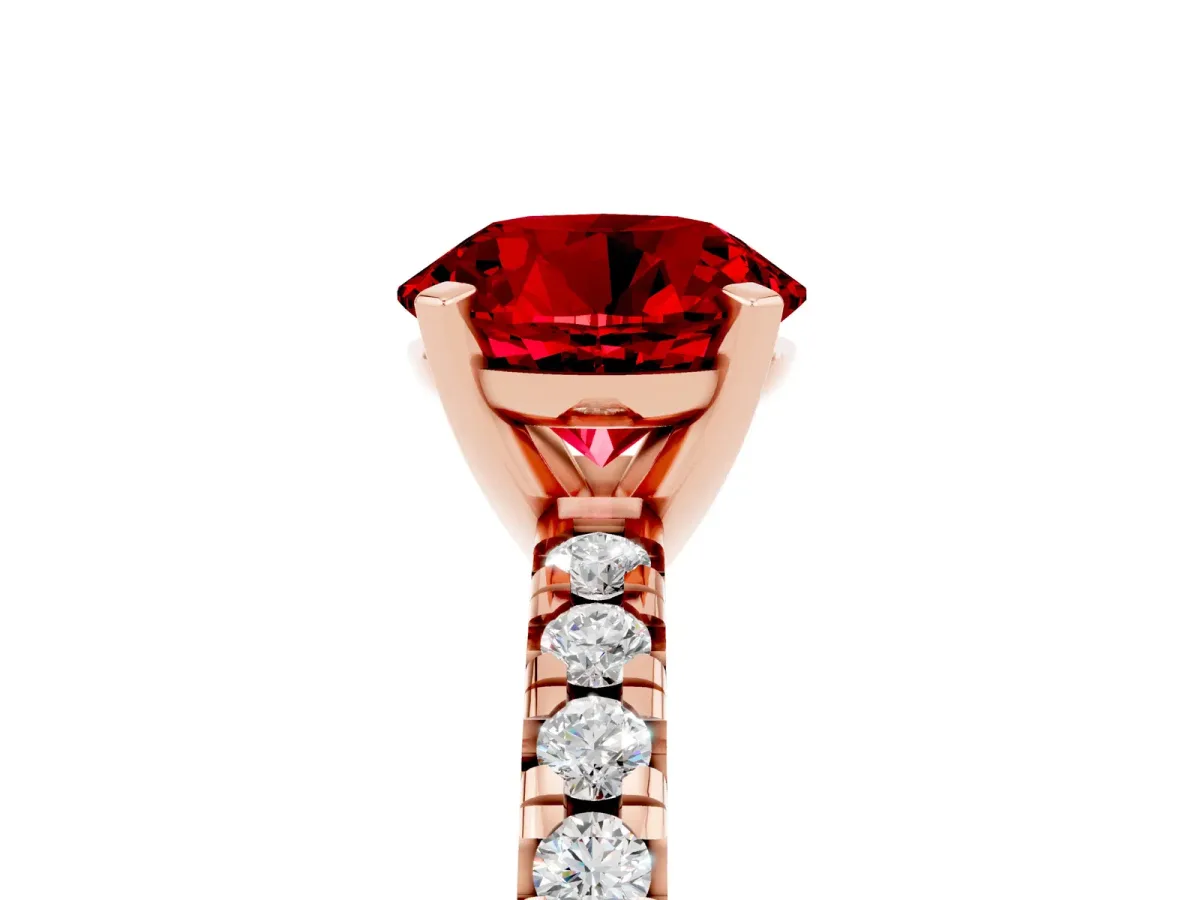 Round Cut Ruby Solitaire Pavé Engagement Ring with Round Band and Prong Setting Rose gold