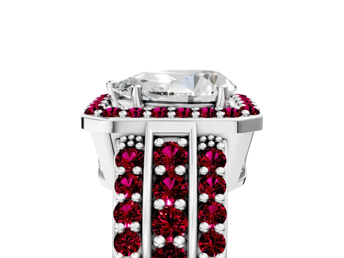 Pear Cut Halo Diamond Ring with Round Garnet Split Shank and Prong Setting Silver