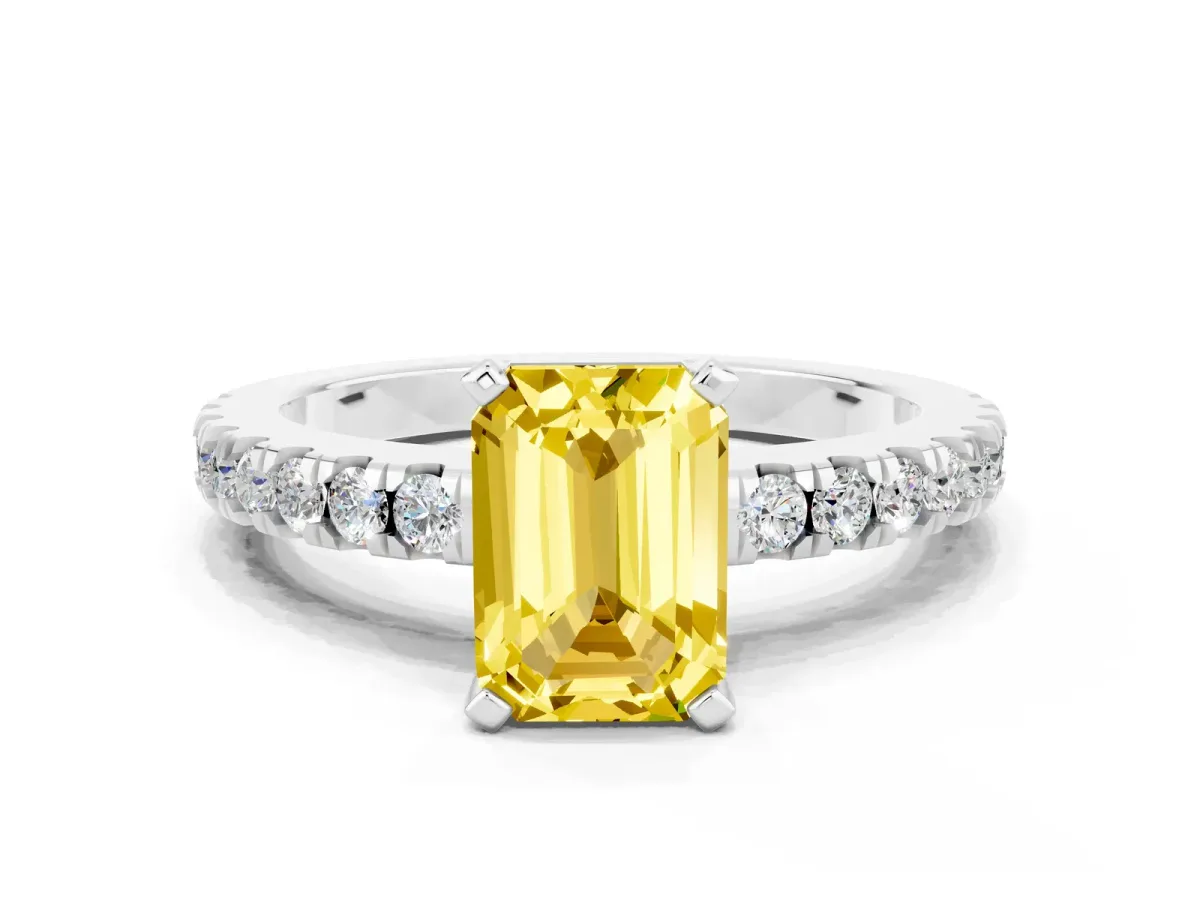 Emerald Cut Solitaire Yellow Sapphire with Pavé Band and Four-Prong Setting Silver