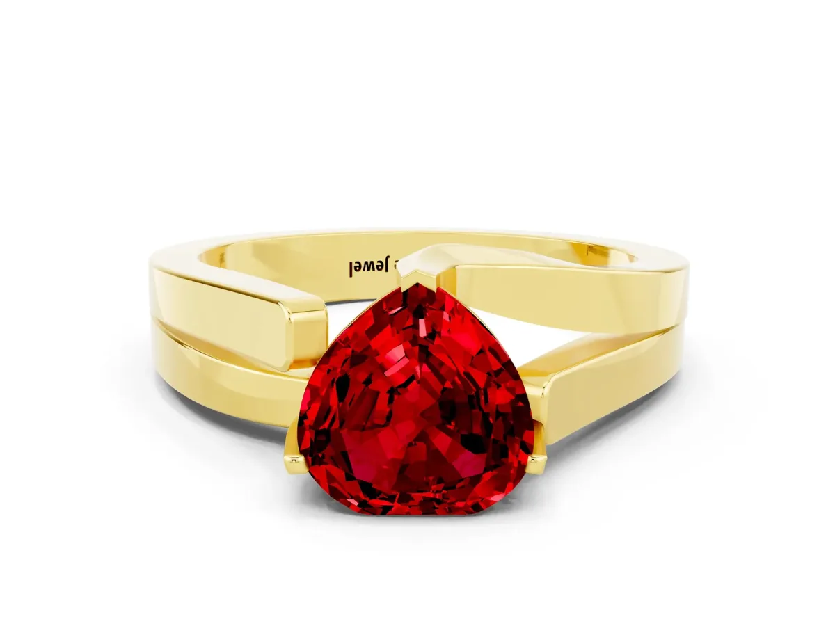 Modern Tension Set Heart Cut Ruby Solitaire Wide Band Ring Yellow gold