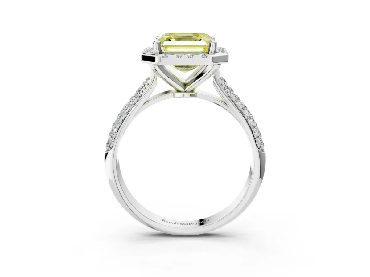 Fancy Yellow Asscher Cut Cut Halo Pave Band Four-Prong Setting Ring Platinum