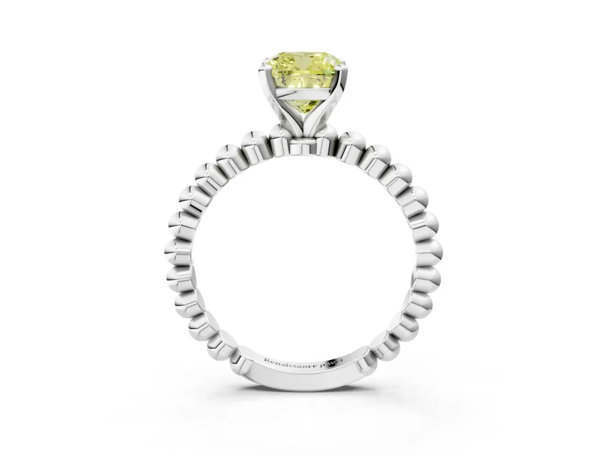 Fancy Yellow Cushion Cut Diamond Solitaire Ring with Beaded Band and Prong Setting Platinum