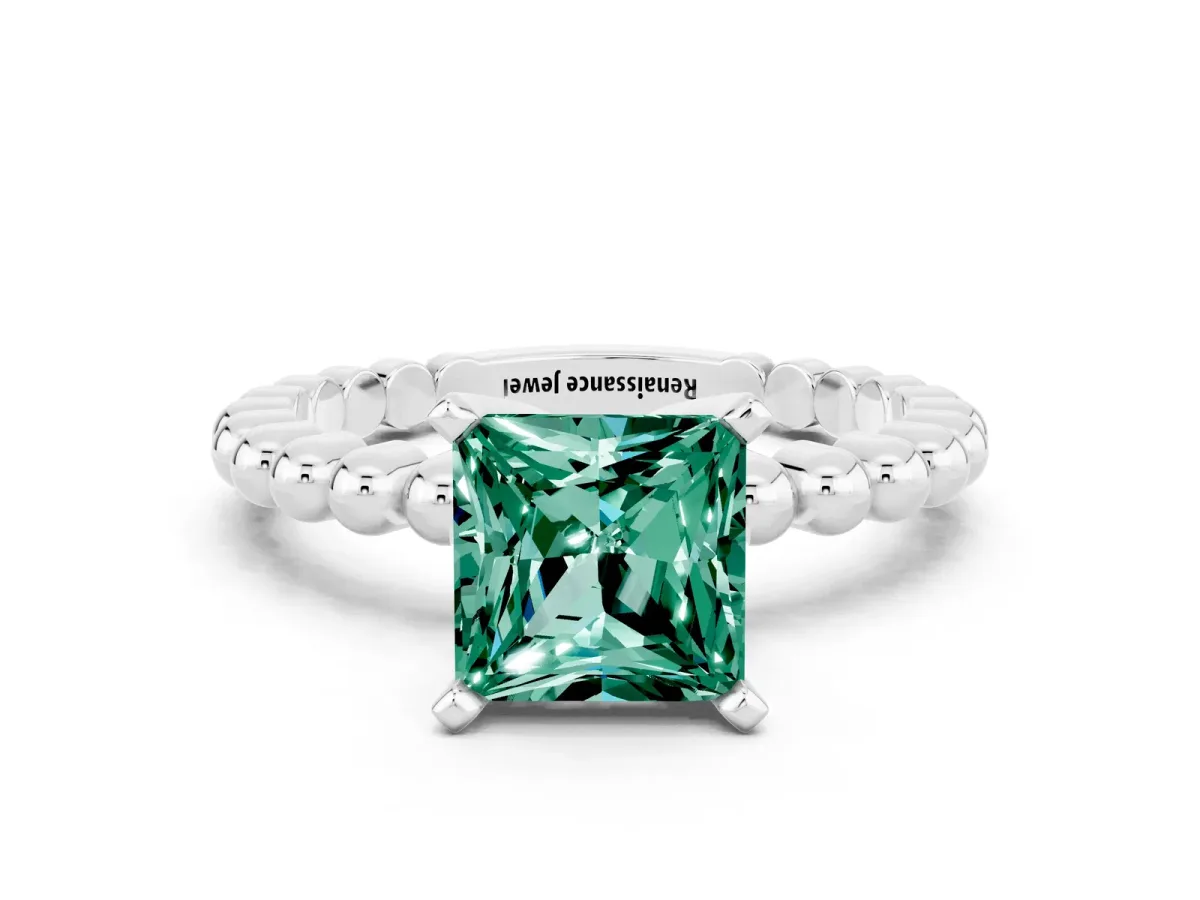 Princess Cut Green Sapphire Solitaire Ring with Beaded Band and Prong Setting Silver