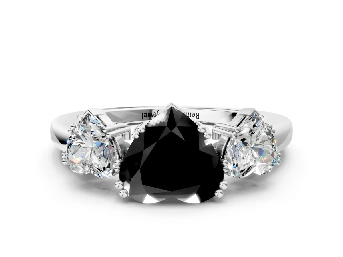 Fancy Black Three-Stone Heart Cut Cut Diamond Ring with Channel Set Band and Four-Prong Setting Silver