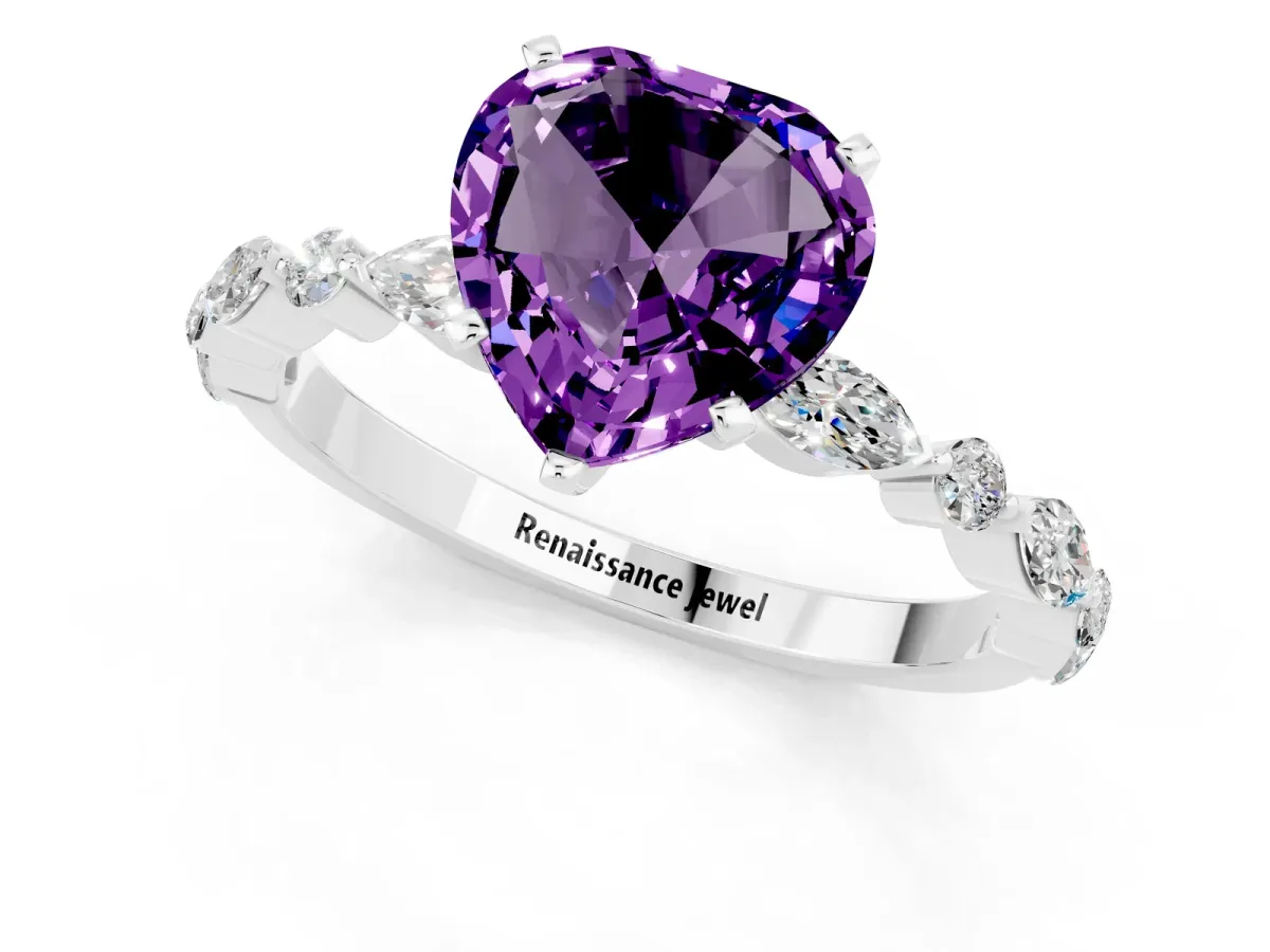 Heart Cut Amethyst Ring with Marquise and Round Side Stones and Four-Prong Setting Silver