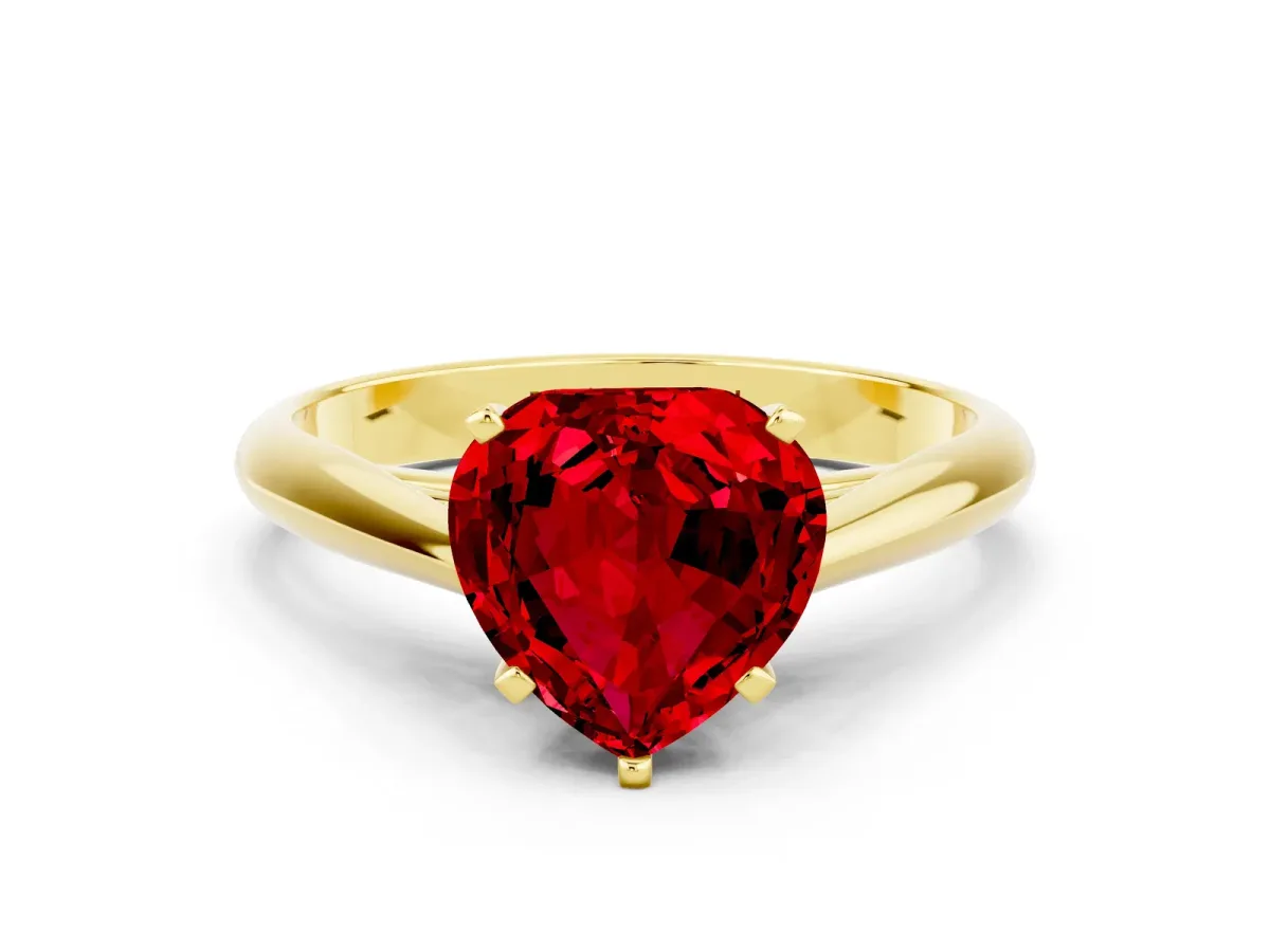 Heart Cut Ruby Solitaire Engagement Ring with Cathedral Setting and Four-Prong Mount Yellow gold