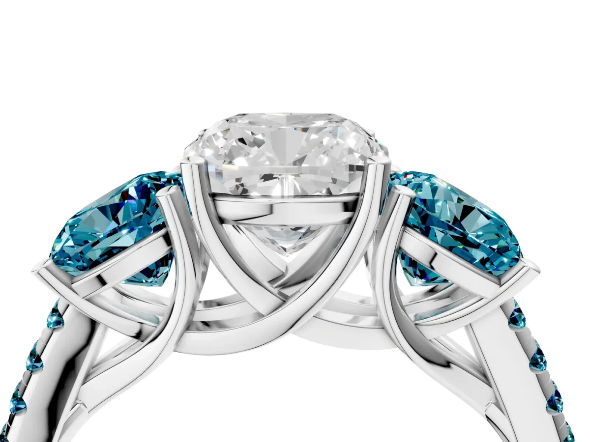 Three-Stone Cushion Cut Diamond Ring with Round Blue Topaz Pavé Band and Prong Setting Silver