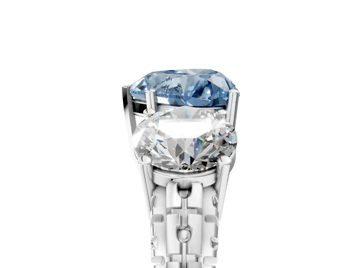 Fancy Blue Three-Stone Heart Cut Cut Diamond Ring with Channel-Set Band and Prong Setting Platinum