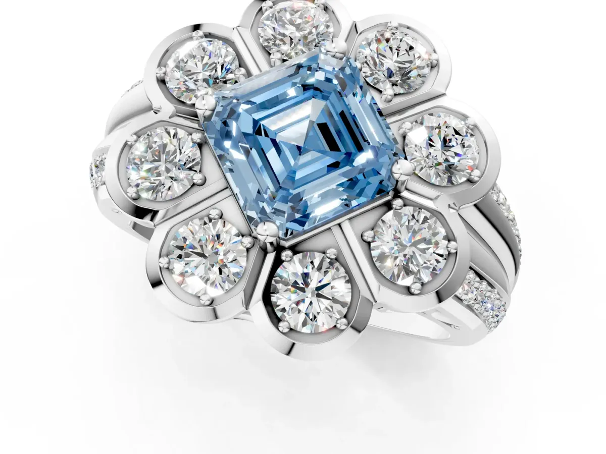 Fancy Blue Asscher Cut Brilliant Flower Halo Diamond Split Shank Ring Platinum