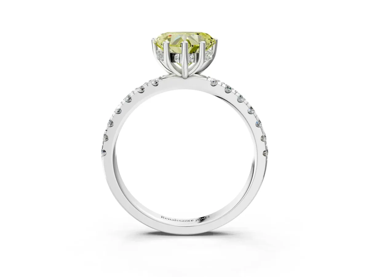 Fancy Yellow Heart Cut Diamond Pave Band Solitaire Ring with Round and Prong Setting Silver