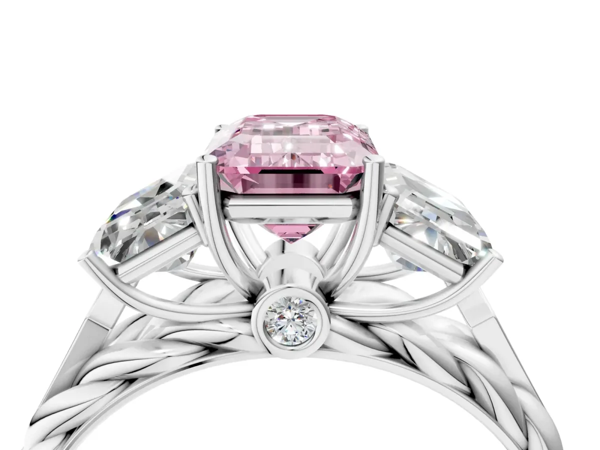 Fancy Pink Three-Stone Emerald Cut Diamond Braided Band Ring with Four-Prong Setting Silver
